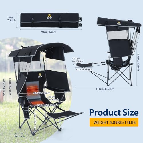 Heated Camping Chair with Canopy & Footrest - Black & Grey 1 Pack