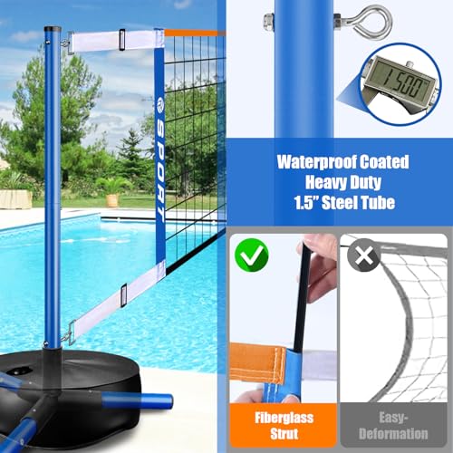 Blue Portable Pool Volleyball Net System with Water Volleyballs, Adjustable 15-25FT, Heavy Duty Base