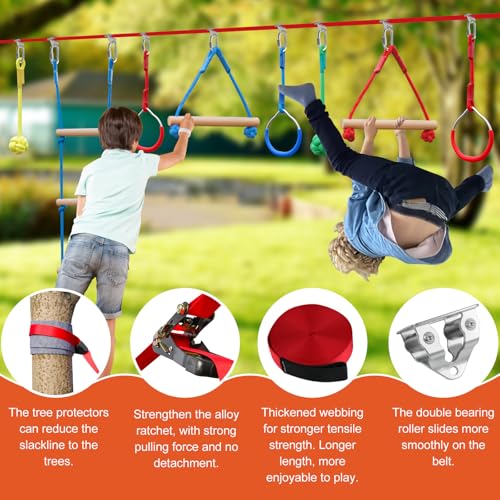 60ft Ninja Warrior Obstacle Course for Kids with Accessories & Tree Protectors