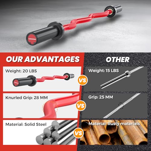 47-Inch Solid Steel Olympic Curl Bar - 700LB Capacity, Red & Black