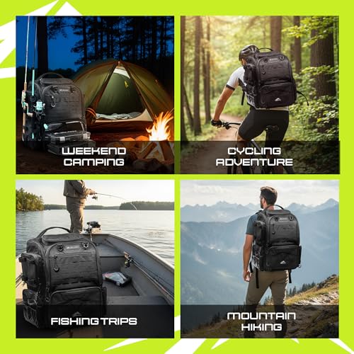 Medium Waterproof Fishing Backpack 40L with Tackle Boxes, Rod Holder & Foldable Net - Black