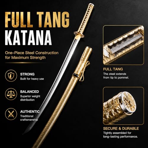 CANGDT Gold Handmade Samurai Katana Sword - 9260 Spring Steel, Full Tang, Practice & Collection