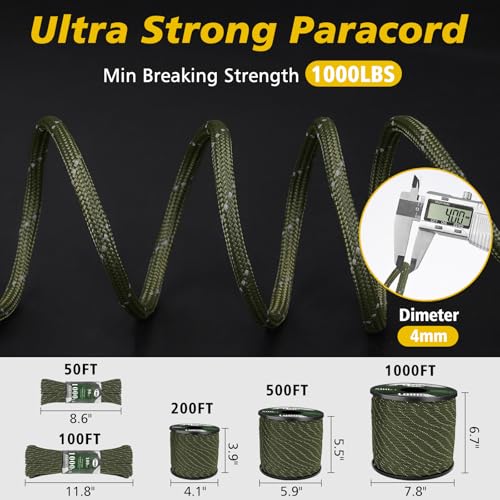 Reflective Paracord Rope 1000lb, 50ft – Tactical Camping & Survival Cord, Army Green