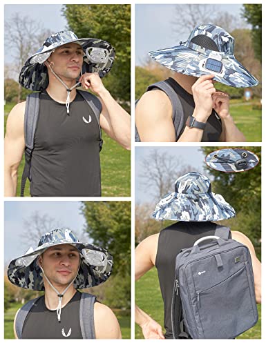 Men's Wide Brim Sun Hat with 2 Fans - Summer Cooling Bucket Hat, Large Navy