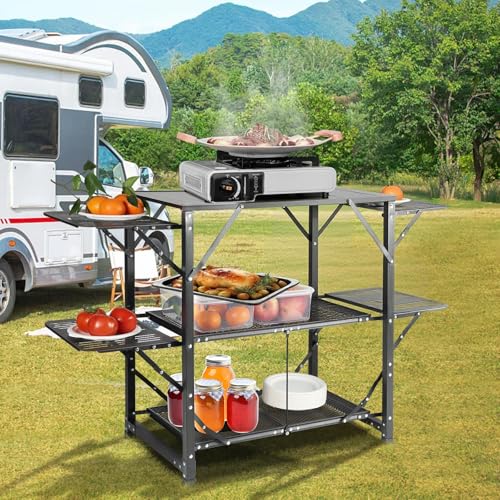 Camping Kitchen Table - Aluminum Folding Portable Cook Station with 4 Side Tables & Bag - Black 1