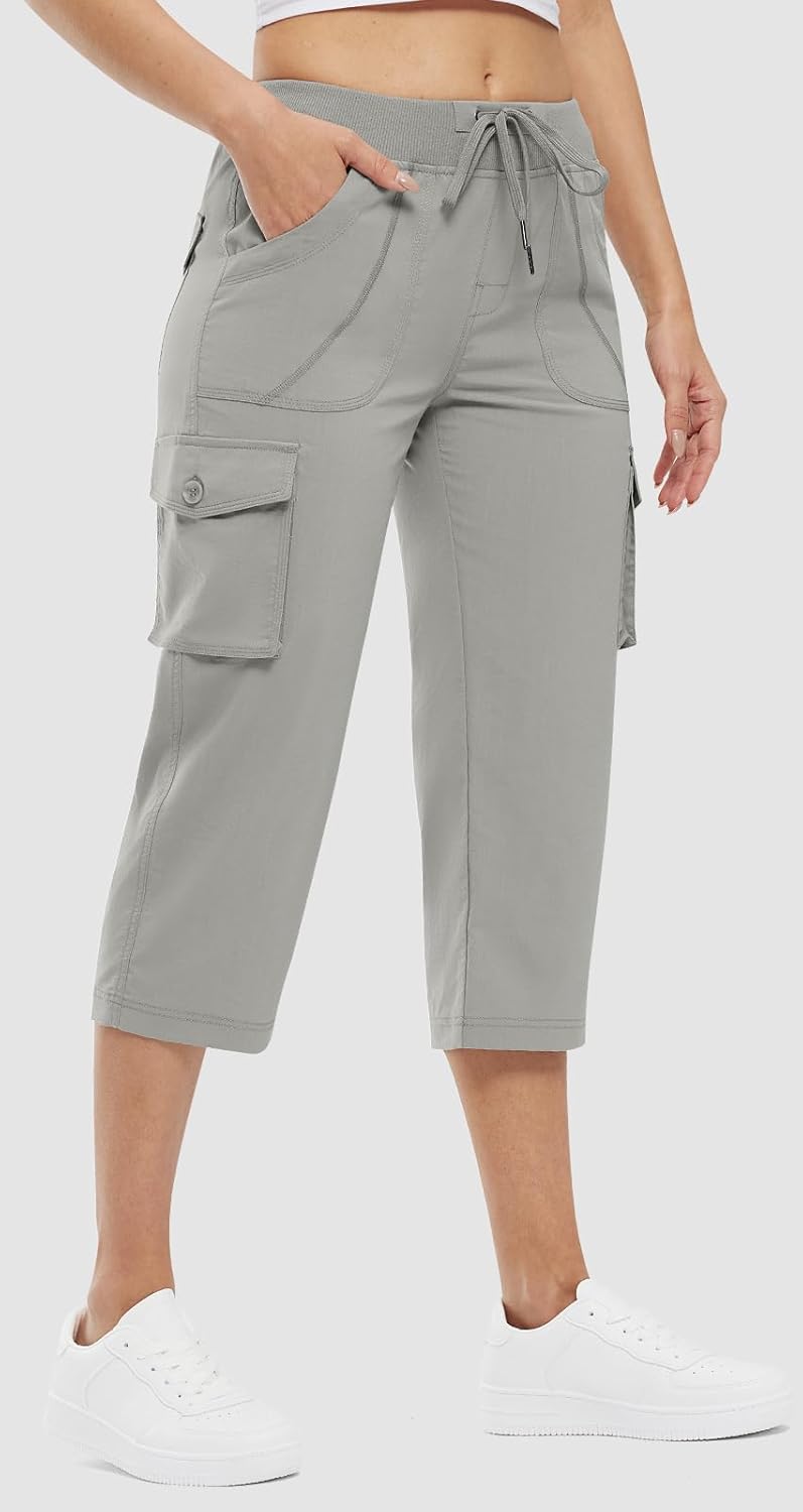 Rdruko Women's Cargo Capris - Lightweight Quick-Dry Hiking Pants with Pockets | Summer Casual Style