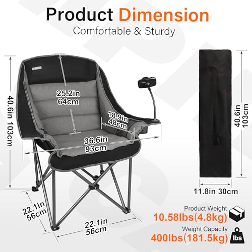 CAMPHILL Oversized Black Camping Chair for Adults, Heavy Duty 400Lbs Folding Lawn Seat with Padded Comfort, Phone & Cup Holders