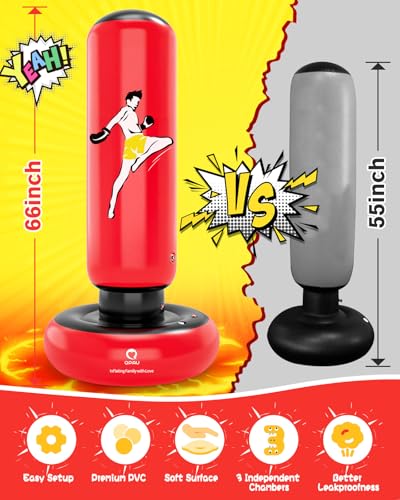 Kids Inflatable Punching Bag with Gloves - 66 Inches, Red