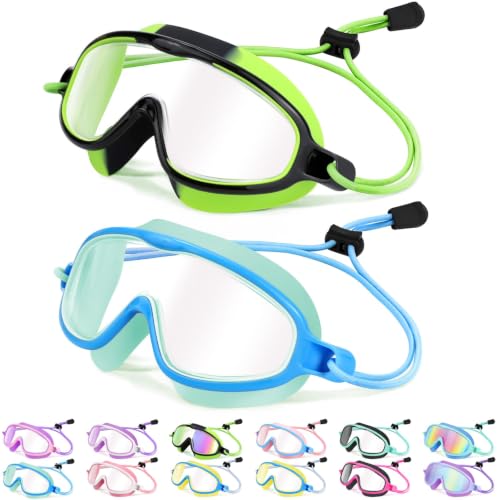 Kids Swim Goggles Black Green & Light Blue - Wide View Anti-Fog UV Protection