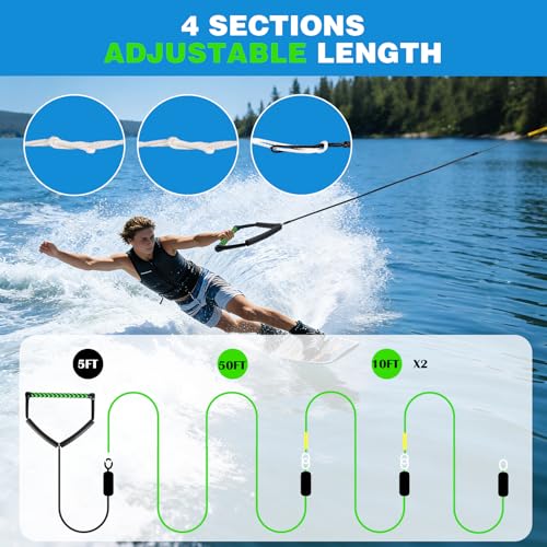 Green 75FT No Stretch Dyneema Wakeboard Rope & Handle - Adjustable Water Ski Tow Line