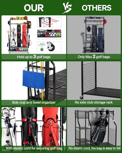 FHXZH Three Golf Bag Storage Rack with Wheels & Multi-Storage Shelves