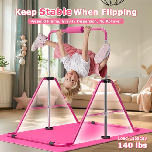 Sportsroyals Pink Adjustable Gymnastics Bar for Kids with Mat - Home Training