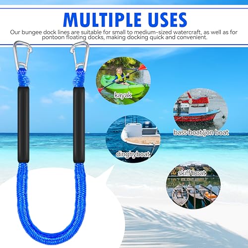 Heavy Duty Floating Dock Lines with Double Hooks - 4FT Marine Bungee Rope for Boats, Pontoon & Jet Ski