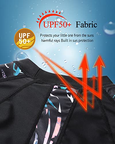 Girls Swimsuit Rash Guard 2-Piece Long Sleeve Bathing Suit with UPF50+ Size 13-14 Years - Coconut Leaf Black