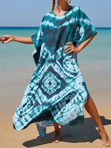 Turquoise Geometric Tie Dye Kaftan Dress - Plus Size Beach Cover Up