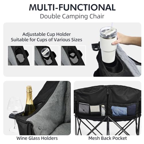 PUVASIA Heated Double Camping Chair Loveseat Black with Independent 3-Level Heating