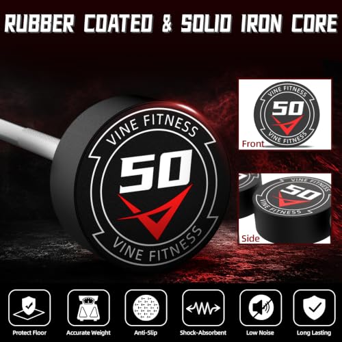 Vine Fitness 20LB Rubber Coated Fixed Barbell – Straight & EZ Curl, Solid Steel, Home Gym Equipment