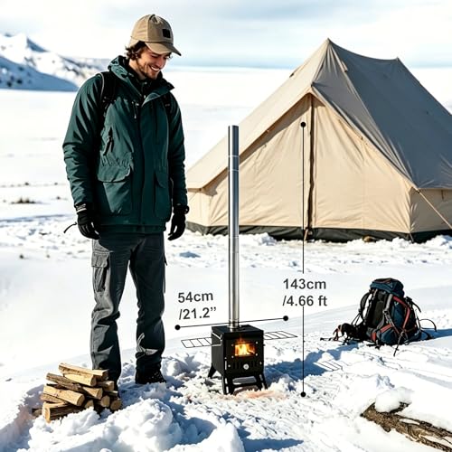 Steladomus Portable Camping Wood Stove with Fire Mat & Chimney Pipes – Compact Tent Heater Kit for Backpacking, RV, Ice Fishing