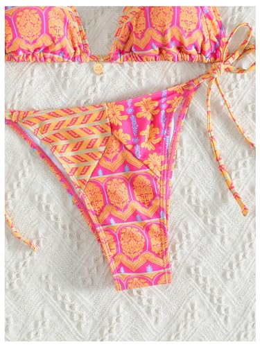 Women's 2 Piece Floral Bikini Set - Pink Yellow Multi, X-Small, Geometric Halter String Triangle Swimsuit