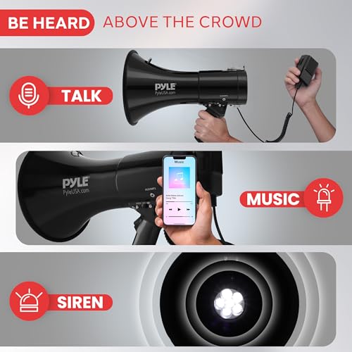 Black Pyle 50W Megaphone PA Bullhorn Speaker with Siren & Record - Crowd Control
