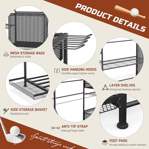 Heavy-Duty Garage Sports Equipment Organizer with Golf Bag Stand & Hooks