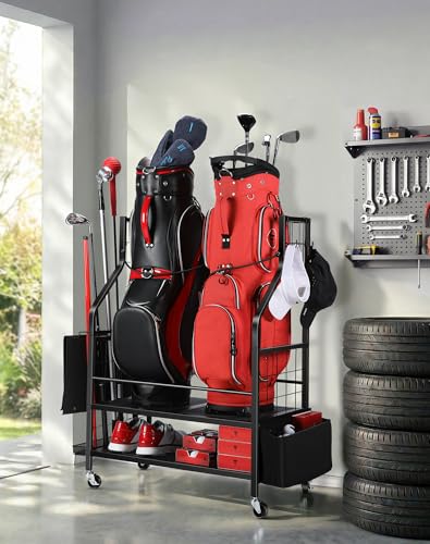 Black Golf Bag Storage Organizer Stand for 2 Bags with Wheels