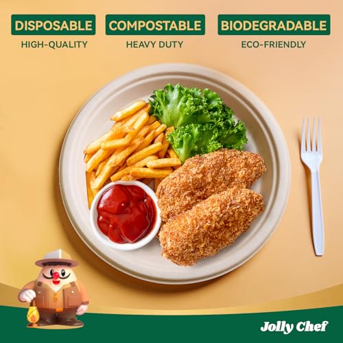JOLLY CHEF 10 Inch Compostable Heavy Duty Disposable Paper Plates 500 Pack - Eco-Friendly Brown