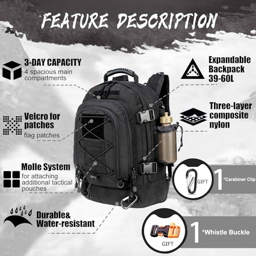 Expandable Military Tactical Backpack 40-64L Black 3-Day Hiking Camping Bag
