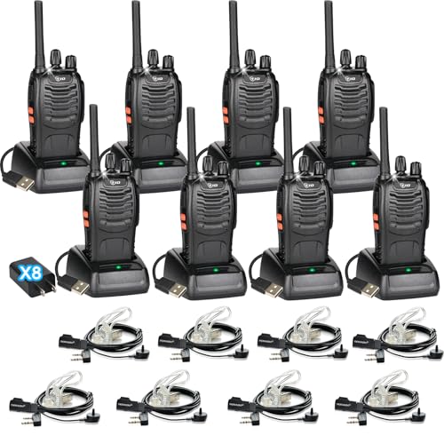 Long Range Walkie Talkies 8 Pack with Earpieces - 5.5 Mile Range, Handheld Two Way Radios