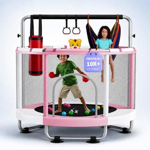 Pink & White 55-Inch Toddler Trampoline for Kids Ages 3-8 Indoor & Outdoor with Basketball & Accessories