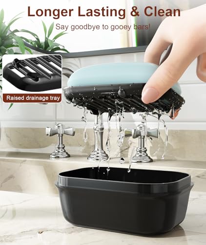 Quatish Leakproof Travel Soap Dish with Lid & Draining Layer - Black Medium, Pack of 2
