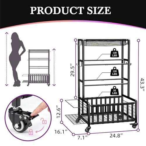 Heavy Duty Dumbbell Rack with Wheels & Hooks - Adjustable Home Gym Storage Organizer
