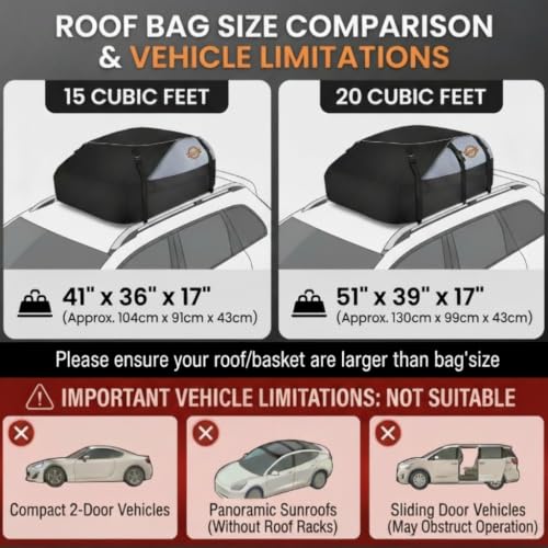 Sailnovo 15 Cu Ft Waterproof Roof Cargo Bag 41x36x17 Inches for Vehicles