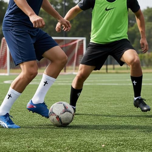Soccer Socks with Bible Verse - Unisex Cross Embroidered Athletic Socks, Size 6-13, White/Black, 6 Pairs