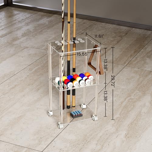 Clear Pool Cue Rack with Casters for 10 Cues & 16 Balls - Portable Billiard Stand