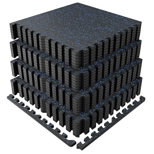 PRAISUN 0.6-Inch Thick Interlocking Rubber Gym Floor Tiles, 24 Tiles (96 Sq Ft), Black/Blue