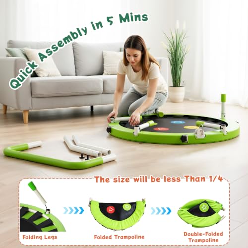 Green 36-Inch Foldable Toddler Trampoline with Adjustable Handle - Indoor Outdoor Mini Rebounder