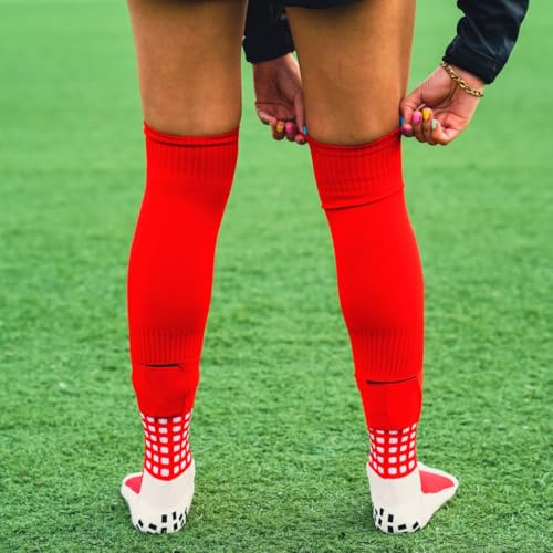 Soccer Grip Socks with Leg Sleeves - Anti-Slip Performance with Shin Guard Straps - One Size Red