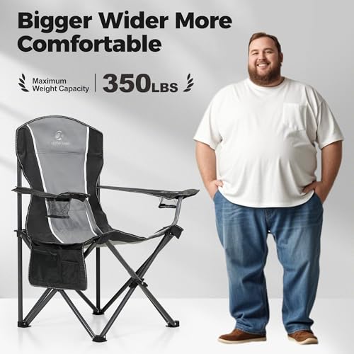 Oversized Camping Folding Chair with Cup Holders - Heavy Duty Steel Frame, 350 LBS Support, Black & Grey 2-Pack