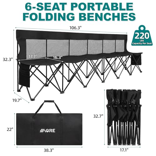 1MORE Soccer Bench Portable Folding Team Bench 6 Seats with Backrest Black