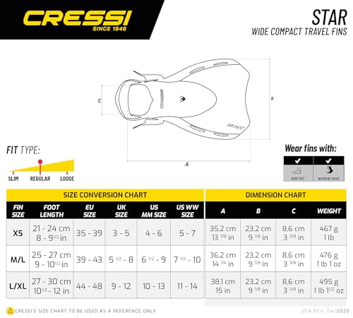 Cressi Star Swim Fins Open-Heel Adjustable Foot Pocket - Black/Black, L/XL