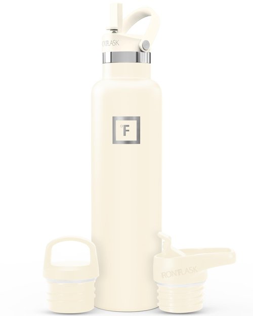 IRON °FLASK Camping & Hiking Hydration Flask with Straw, BPA-Free Insulated Stainless Steel Sports Water Bottle - 24 oz Cashmere Cream