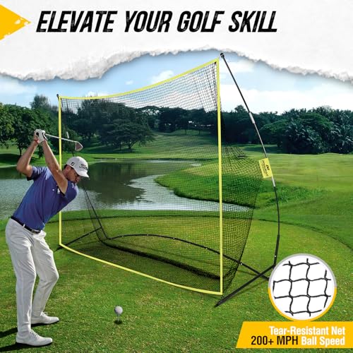 PodiuMax Yellow 10x7ft Golf Practice Net with Noise-Reducing Silk Target, Stable & Durable for Backyard & Indoor Golf Training