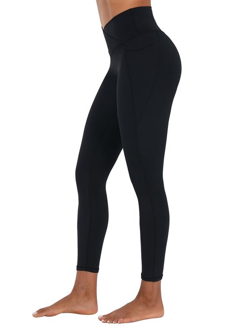 Sunzel Butt Lifting Scrunch Leggings for Women with Pockets No Front Seam Crossover Workout Booty Yoga Pants Tummy Control 25" Inseam Black Small