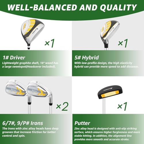 Yellow Kids Golf Club Set for Ages 4-12, 5-6 Piece Junior Golf Clubs with Stand Bag, 50-60 Inches