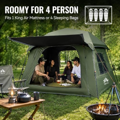 Night Cat 4-Person Green Pop Up Camping Tent with Vestibule & Rainfly, Waterproof