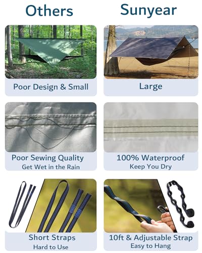 Sunyear Double Camping Hammock with Rain Fly Tarp and Net - Green Bundle 78"W x 118"L