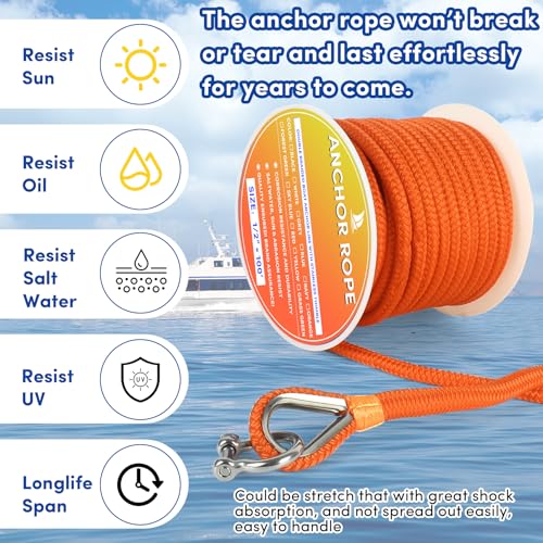 Boat Anchor Rope 100 ft x 1/2 inch Orange Double Braided Marine Line with Stainless Steel Thimble & Shackle - for Towing & Mooring