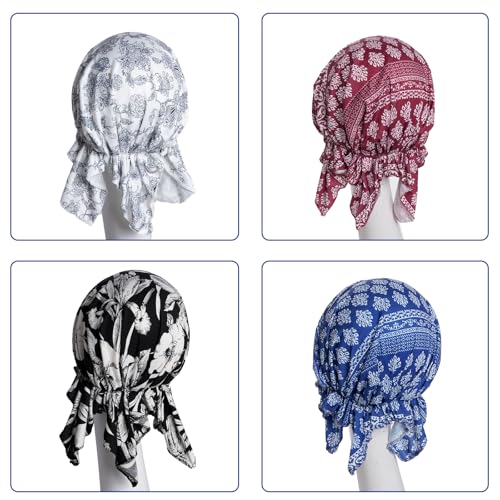 4pcs Pre-Tied Chemo Head Scarf Beanie Cap - Sleep Turban Headwear for Women, Blue Variation