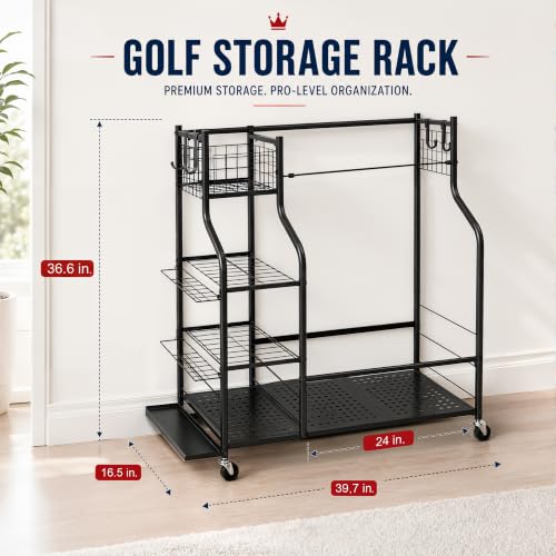 Golf Bag Storage Rack with Wheels - Garage Organizer for Clubs & Accessories